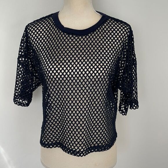 Sheer Mesh Fishnet Short Sleeve Crop Top (Dark Navy Blue) - Picture 1 of 4